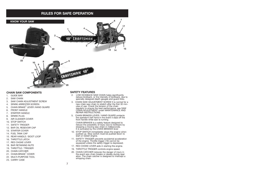 Craftsman 316.350850 warranty Chain SAW Components, Safety Features 