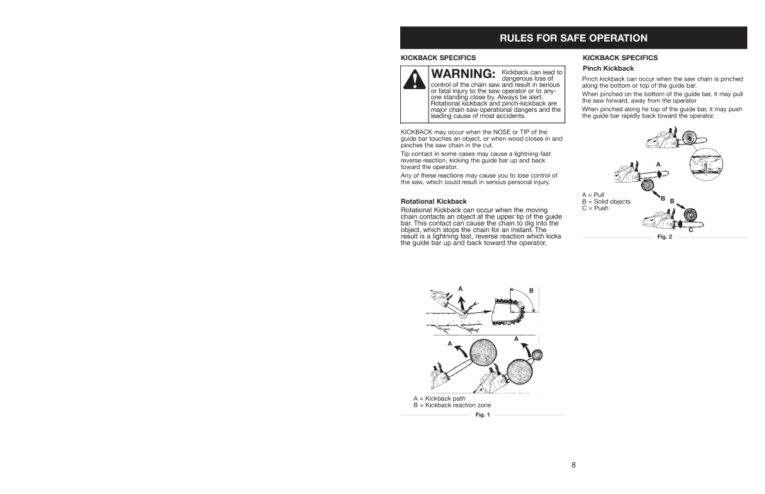 Craftsman 316.350850 warranty Kickback Specifics, Pinch Kickback 