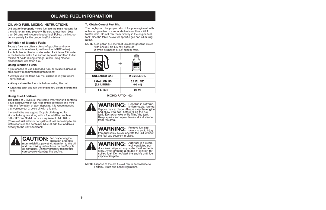 Craftsman 316.350850 warranty OIL and Fuel Information, OIL and Fuel Mixing Instructions, Definition of Blended Fuels 