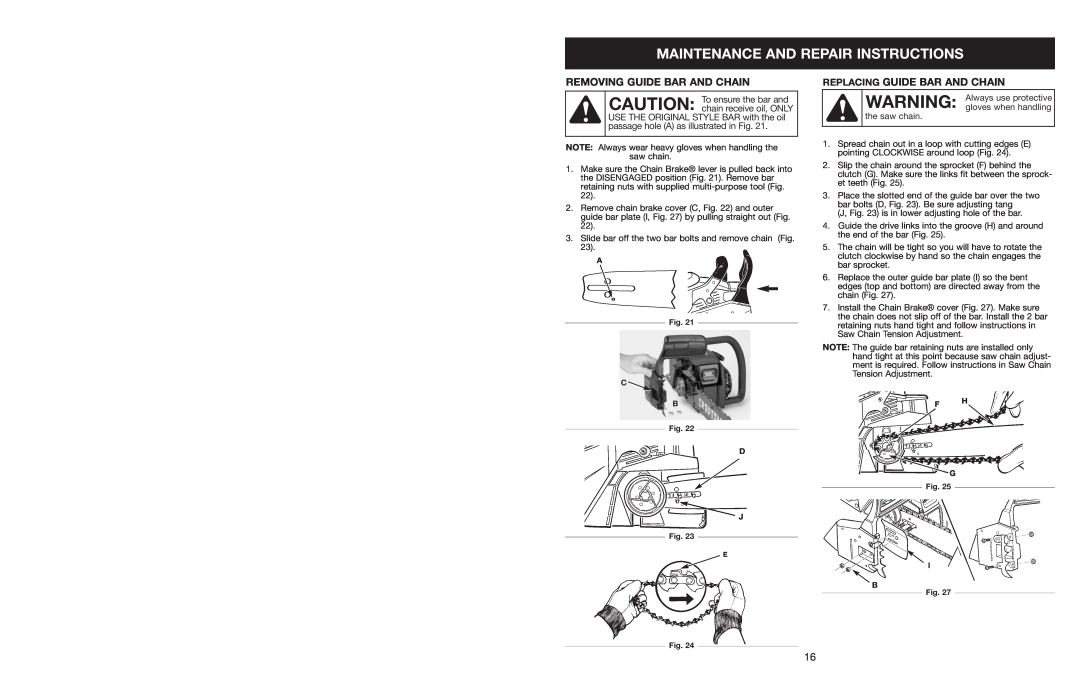 Craftsman 316.350850 Maintenance And Repair Instructions, Removing Guide Bar And Chain, Replacing Guide Bar And Chain 