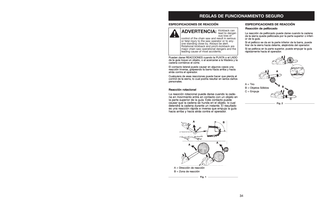 Craftsman 316.350850 warranty ADVERTENCIA Kickback can, Reglas De Funcionamiento Seguro, Especificaciones De Reacción 