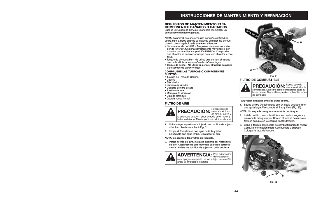 Craftsman 316.350850 warranty Instrucciones De Mantenimiento Y Reparación, Filtro De Aire, Filtro De Combustible 