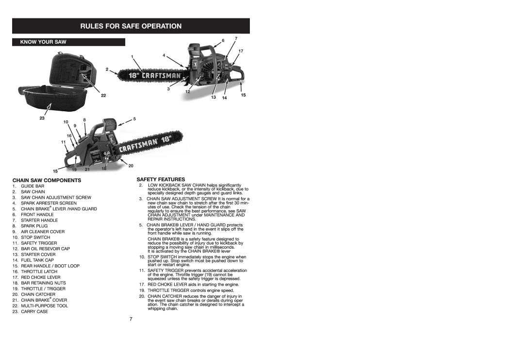 Craftsman 316.350850 warranty Rules For Safe Operation, Know Your Saw, Chain Saw Components, Safety Features 