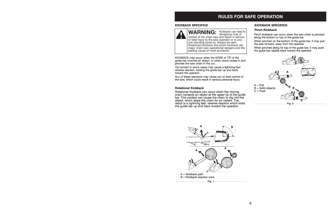 Craftsman 316.350850 Rules For Safe Operation, Kickback Specifics, Rotational Kickback, KICKBACK SPECIFICS Pinch Kickback 