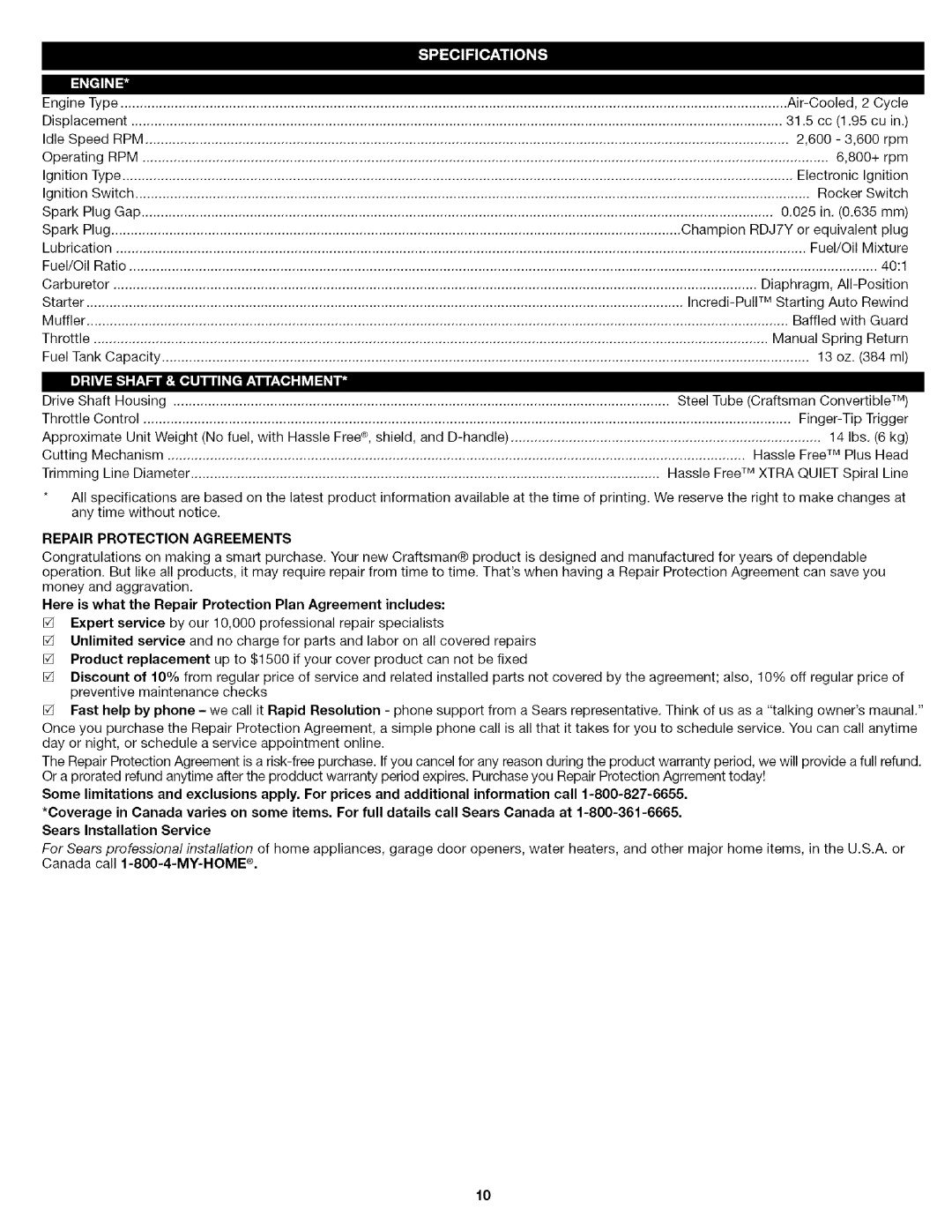 Craftsman 316.7919 manual Rpm, Repair Protection Agreements, Here is what the Repair Protection Plan Agreement includes 