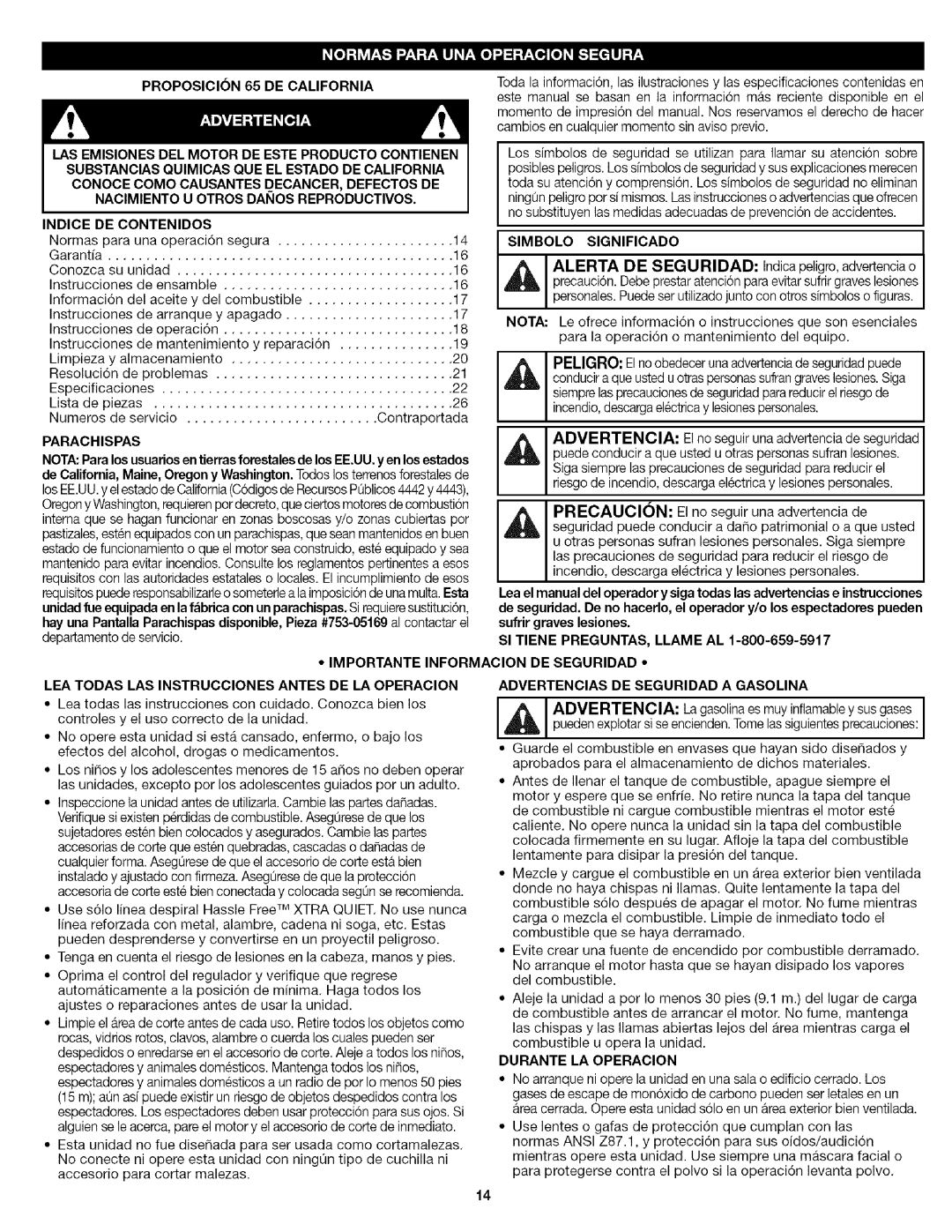 Craftsman 316.7919 manual Proposicion 65 DE California, Indice DE Contenidos, Parachispas, Simbolo Significado 