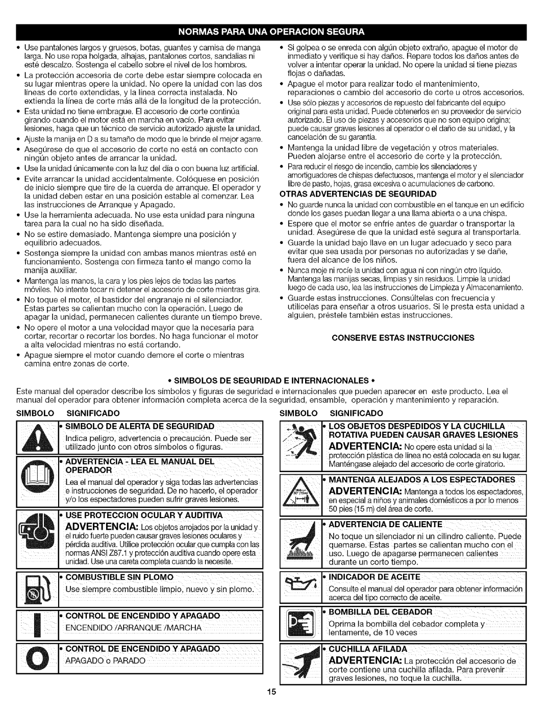 Craftsman 316.7919 Otras Abvertencias DE Seguridab, Operador, Mantenga Alejados a LOS Espectadores, Indicador DE Aceite 