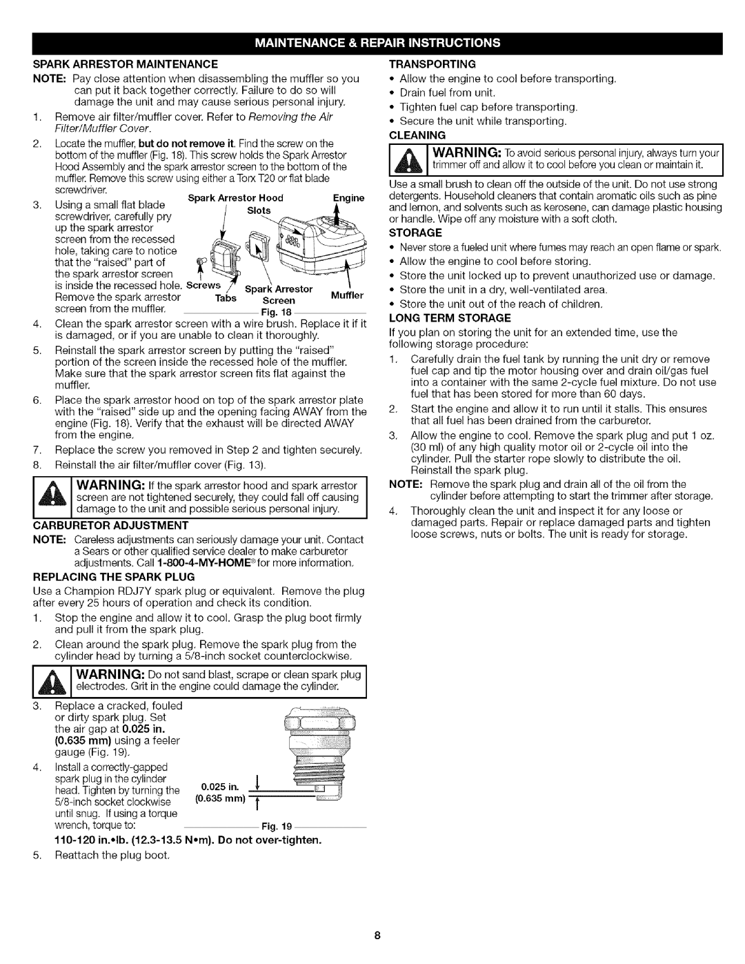 Craftsman 316.7919 manual Spark Arrestor Maintenance, Transporting, Long Term Storage 