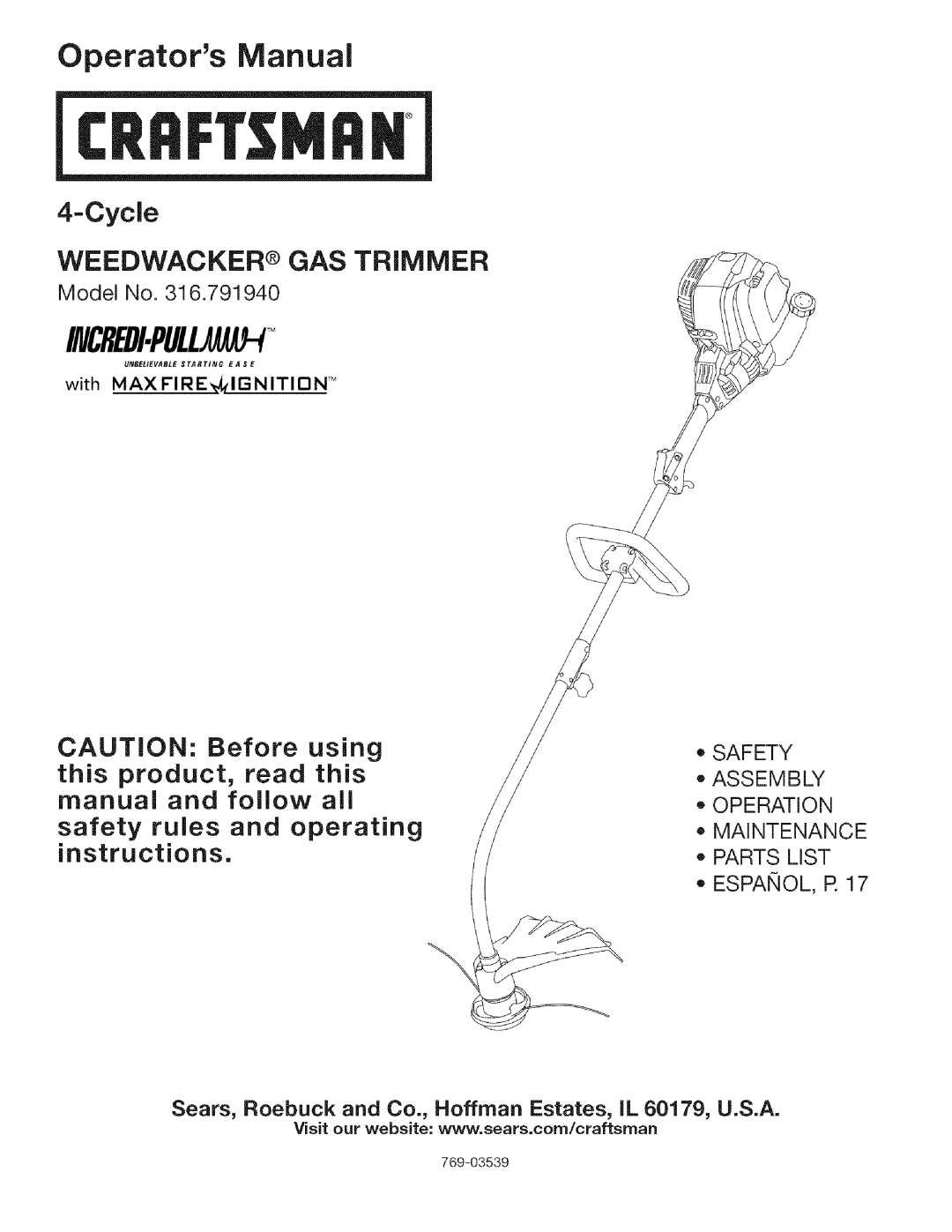 Craftsman 316.79194 manual Model No, Safety, Assembly o Operation, Maintenance Parts List ESPANOL, R 