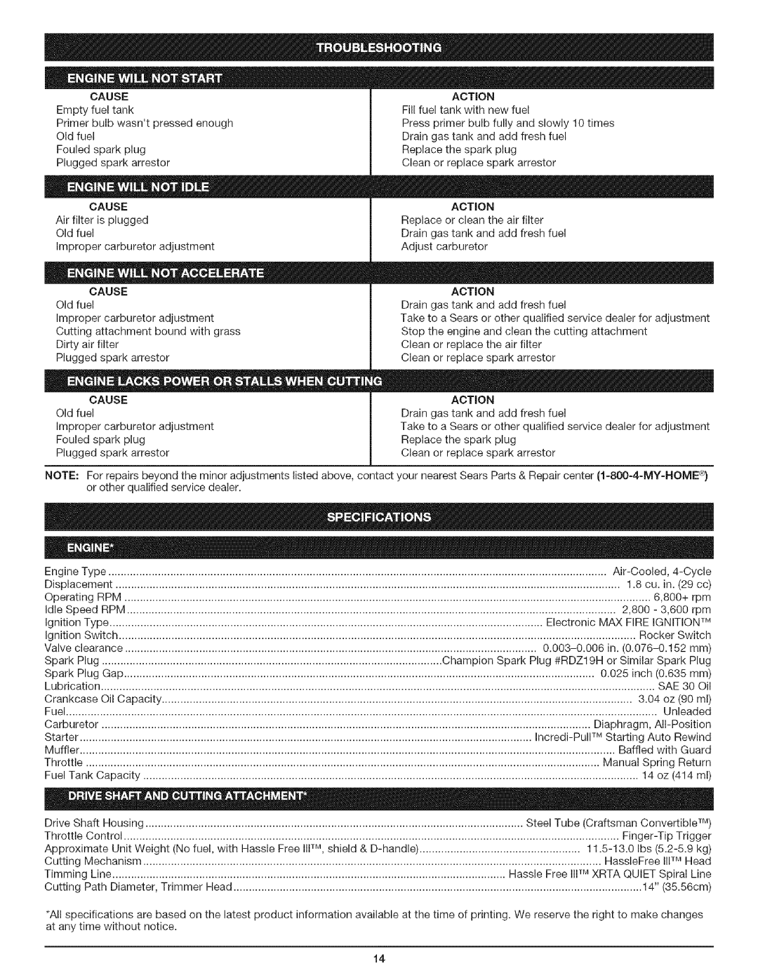 Craftsman 316.79194 manual Cause Action, 8cu in 29cc, 800+rpm, 800- 3,600rpm, ElectronicMAXFIREIGNITIONTM 