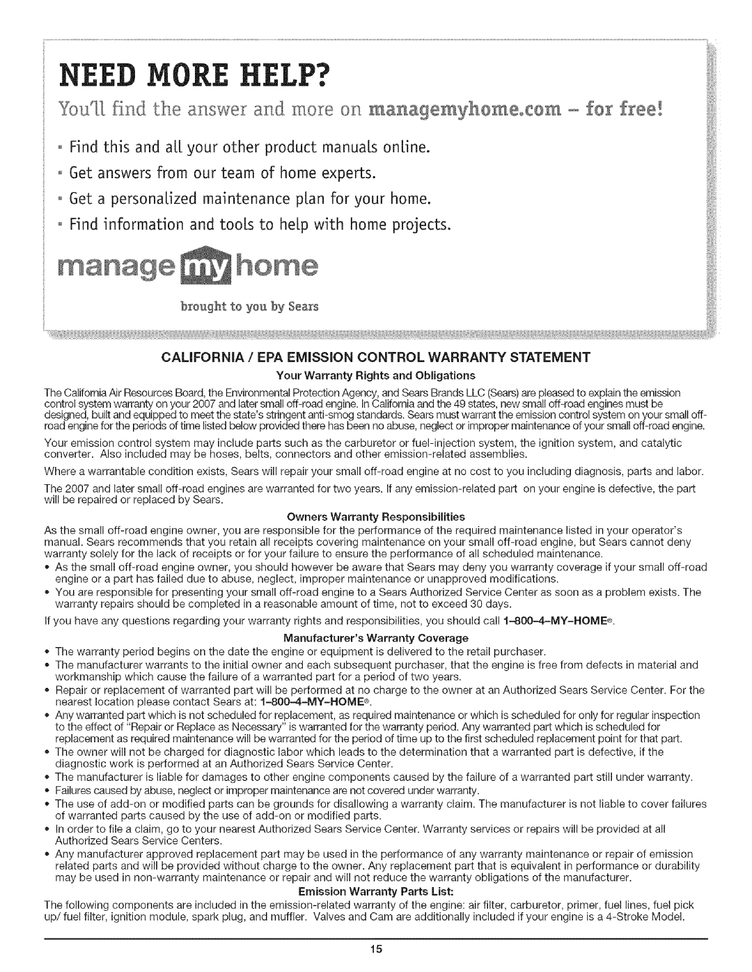 Craftsman 316.79194 manual CALiFORNiA / EPA EMiSSiON Control Warranty Statement, Emission Warranty Parts List 