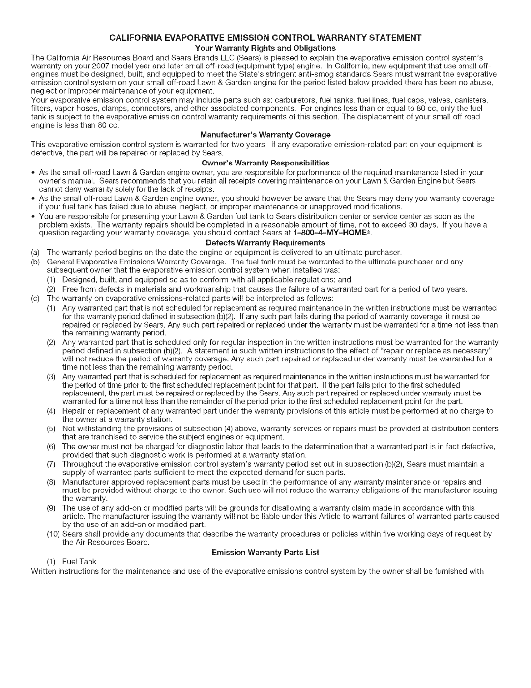 Craftsman 316.79194 manual California Evaporative Emission Control Warranty Statement, Your Warranty Rights and Obligations 