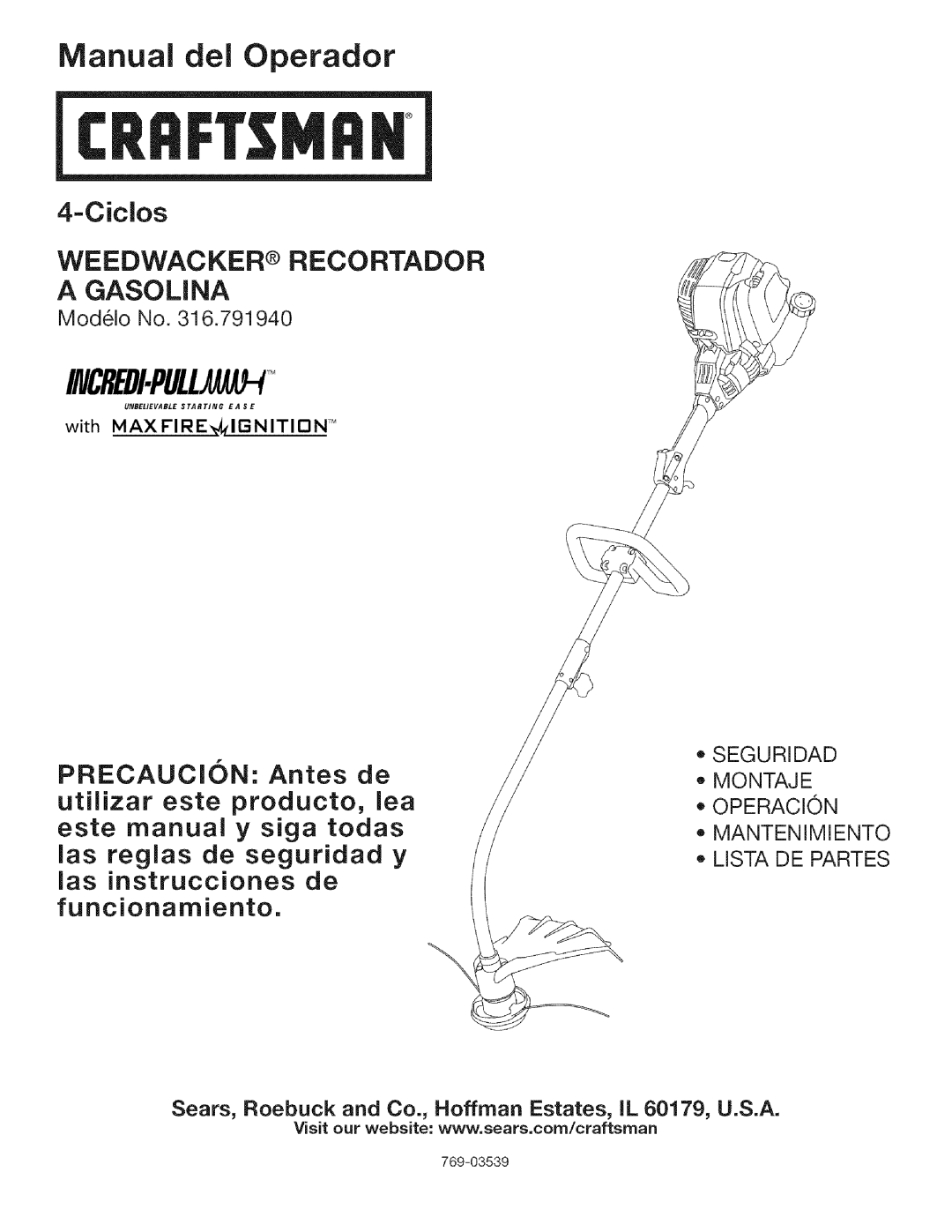 Craftsman 316.79194 manual Modelo No, Seguridad Montaje Operacion Mantenimiento Lista DE Partes 