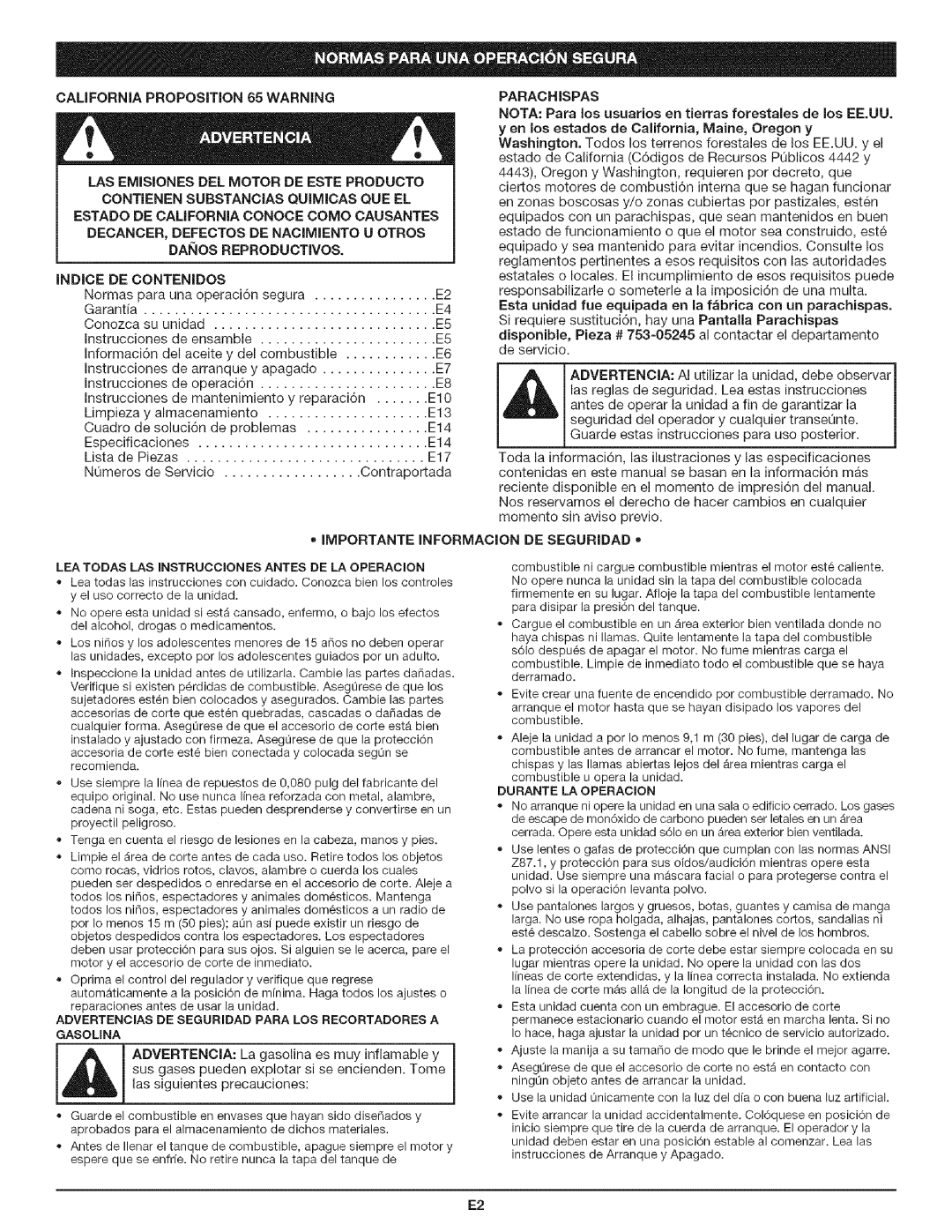 Craftsman 316.79194 manual Camfornia Proposition 65 Warning, Indice DE Contenidos, Parachispas 