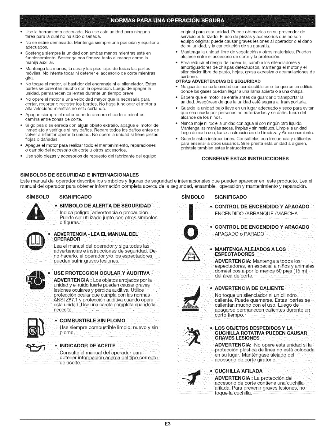 Craftsman 316.79194 Simbolos DE Seguridad E Internacionales, Conserve Estas Instrucciones, Control DE Encendido Yapagado 