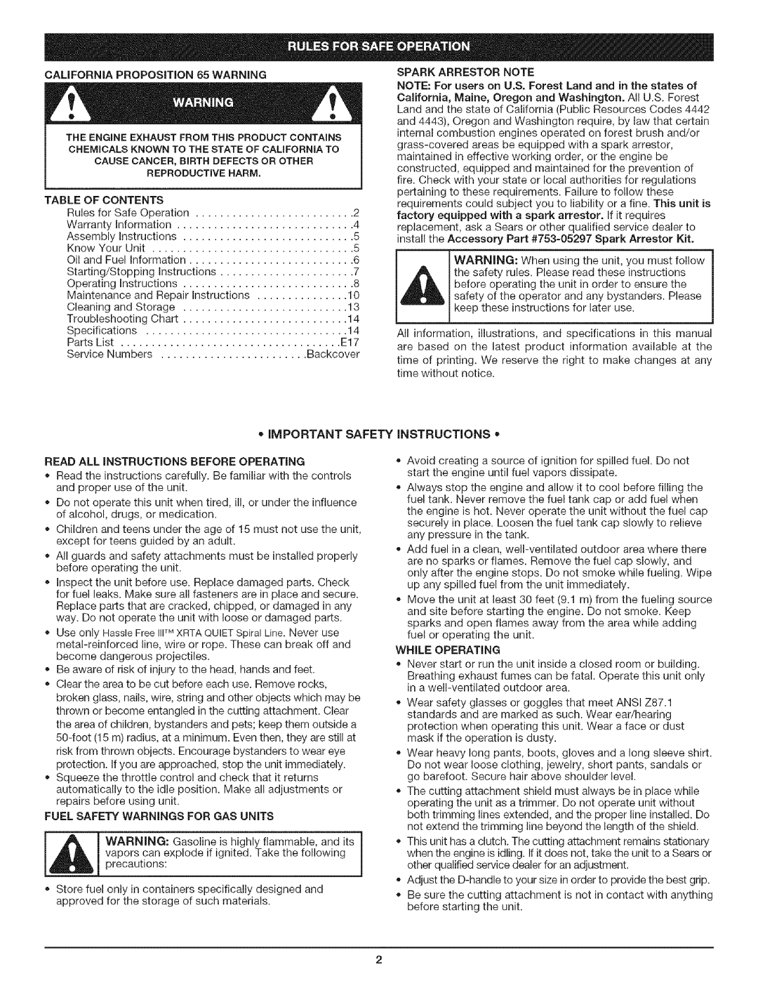 Craftsman 316.79194 manual California Proposition 65 Warning, Table of Contents, Spark Arrestor Note, While Operating 