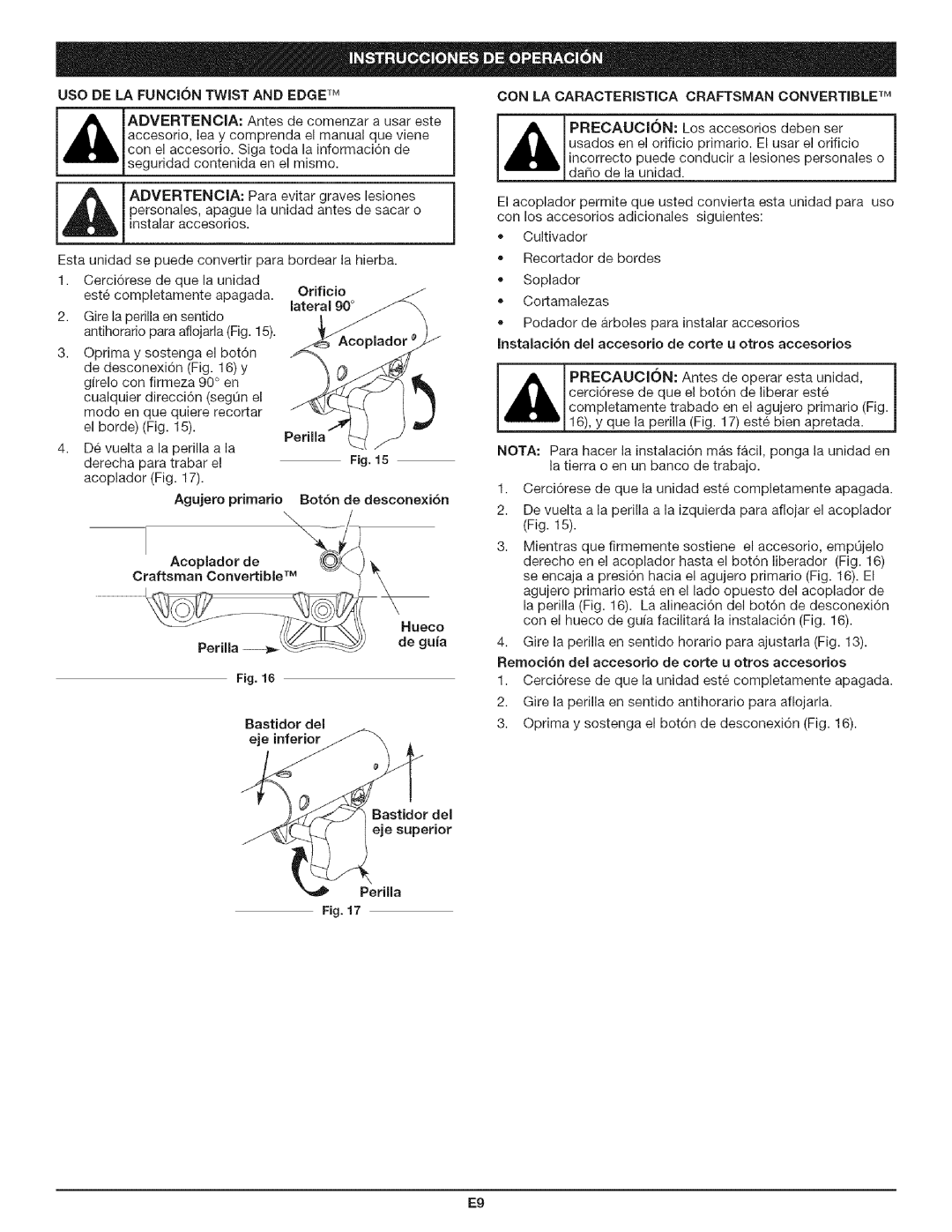 Craftsman 316.79194 manual Usode LA FUNCI6N Twist and Edge TM, Advertencia, Hueco, Perilla 