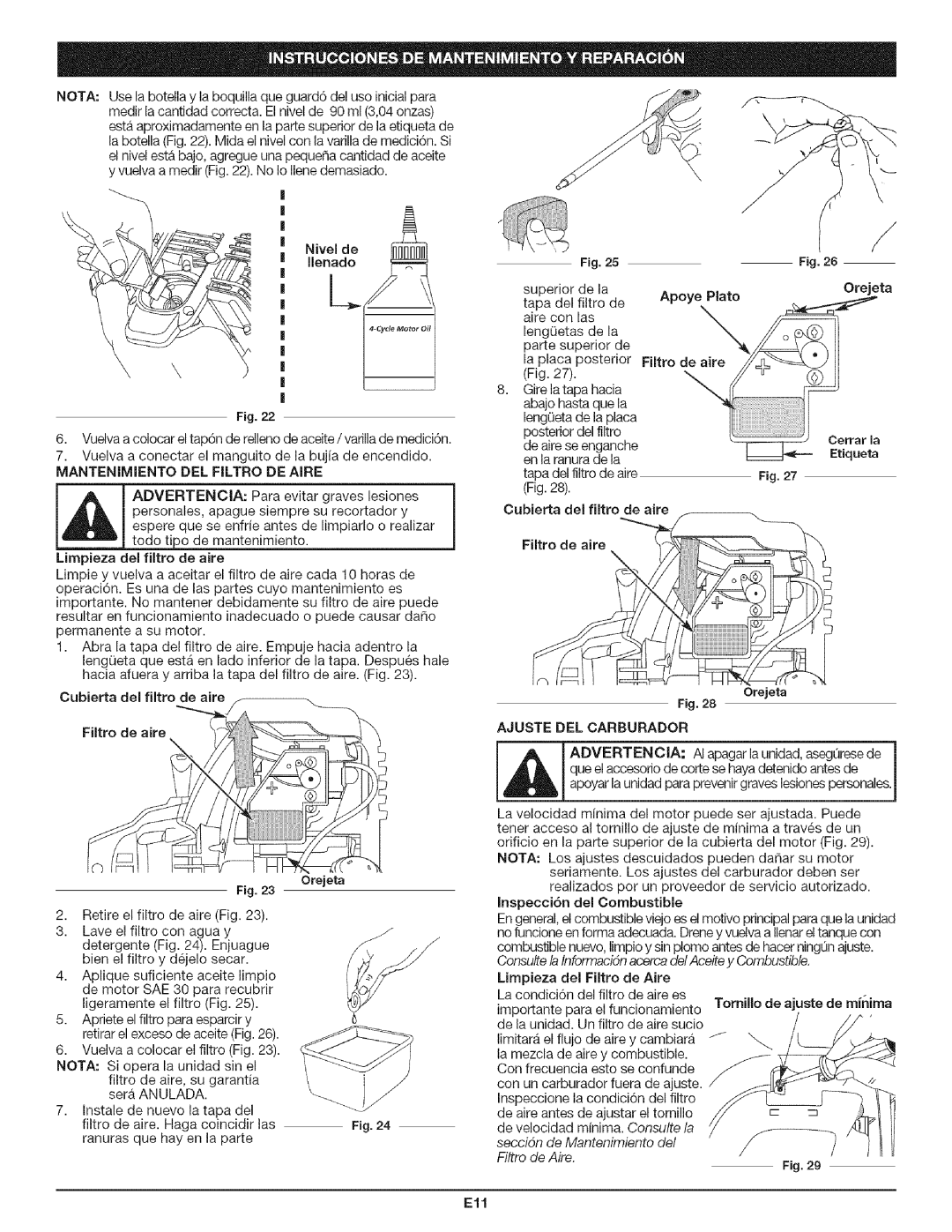 Craftsman 316.79194 manual YvuelvamedirFig22. NoIoIlenedemasiado, Mantenimiento DEL Filtro DE Aire, Ajuste DEL Carburador 