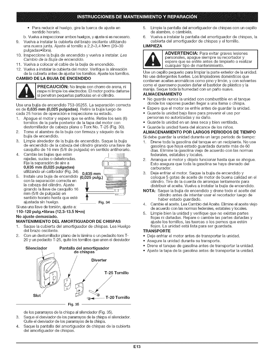 Craftsman 316.79194 manual Limpieza, Almacenamiento POR Largos Periodos DE Tiempo, E13 