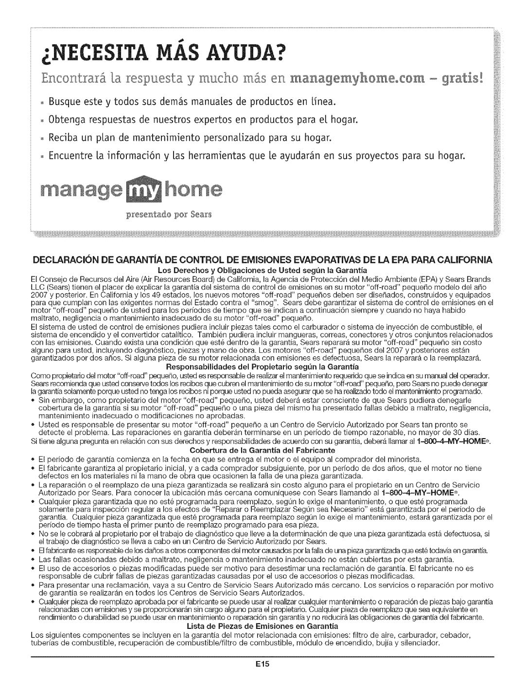 Craftsman 316.79194 Los Derechos y Obligaciones de Usted segn la Garantia, Lista de Piezas de Emisiones en Garantia, E15 