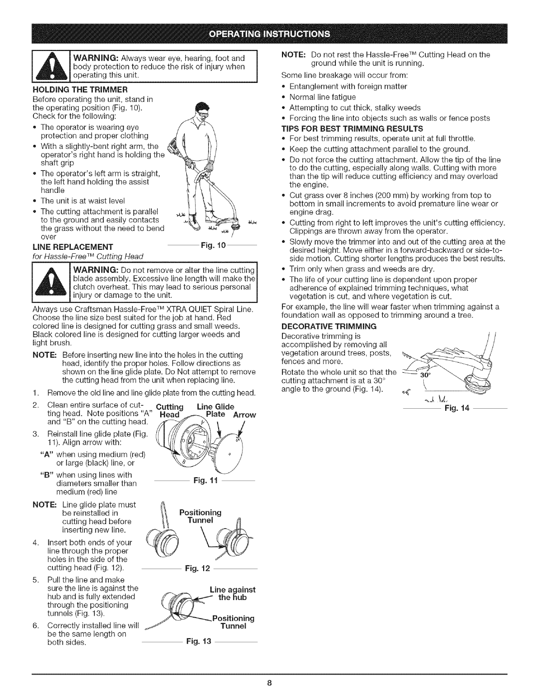 Craftsman 316.79194 manual Bodyprotectiontoreducetheriskofinjurywhen, Holdingthetrimmer, Decorative Trimming 