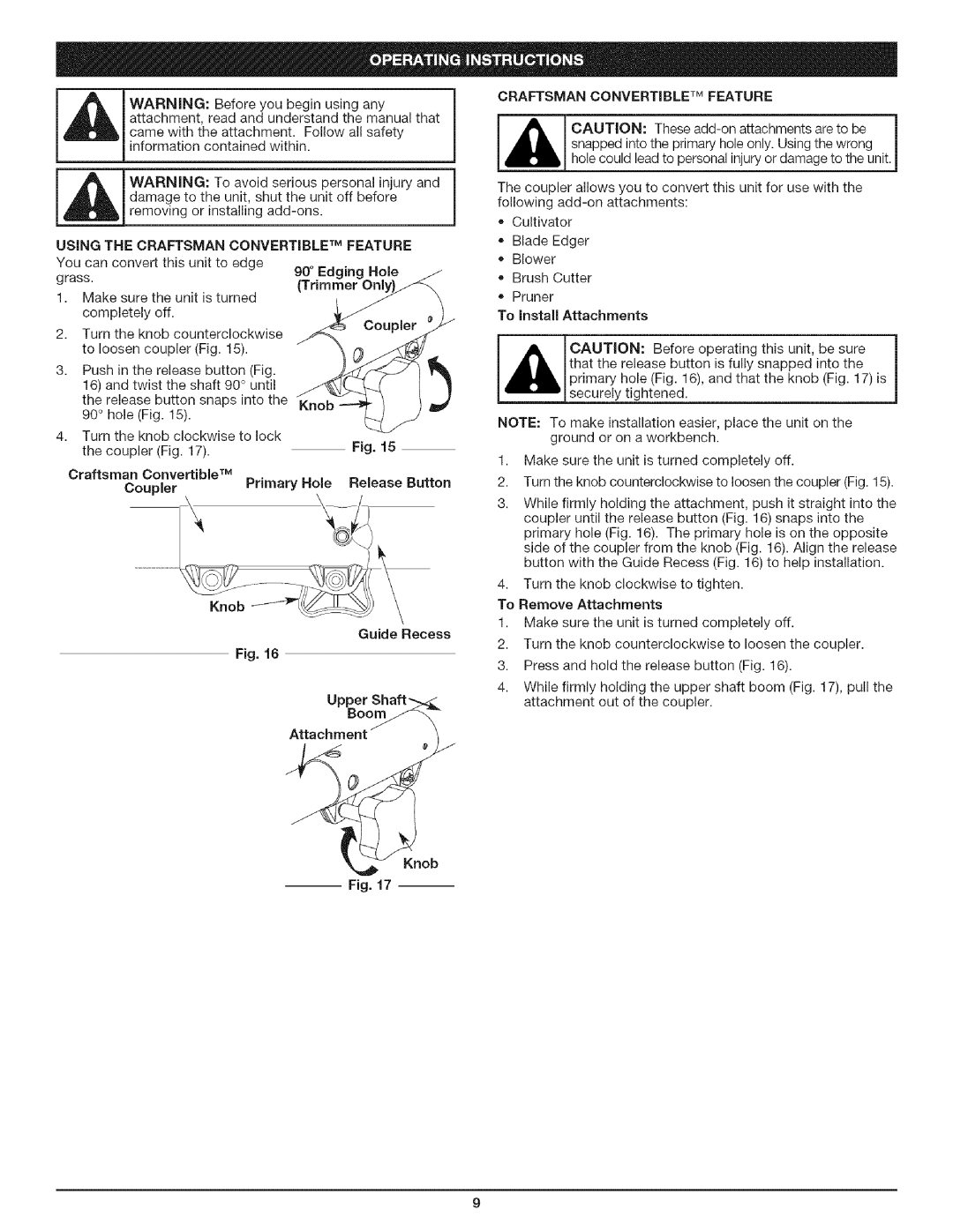 Craftsman 316.79194 manual Using the Craftsman Convertible TM Feature, Primary Hole, To Install Attachments, Knob 