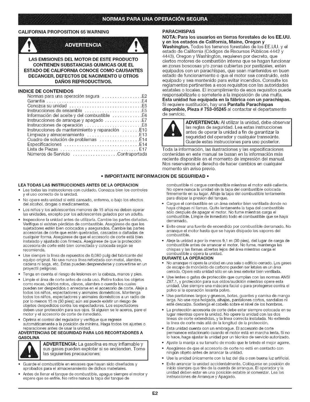 Craftsman 316.79194 manual Indice De Contenidos, Parachispas, Importante Informacion De Seguridad 