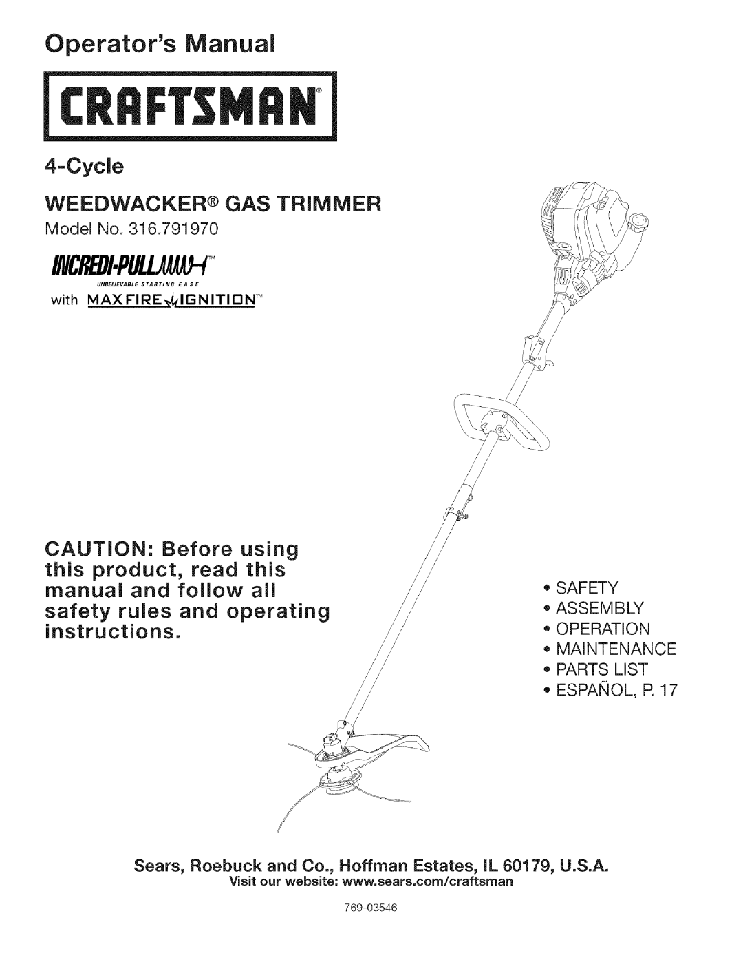 Craftsman 316.79197 manual Model No, Assembly o Operation, Sears, Roebuck and Co., Hoffman Estates, IL 60179, U.S.A 