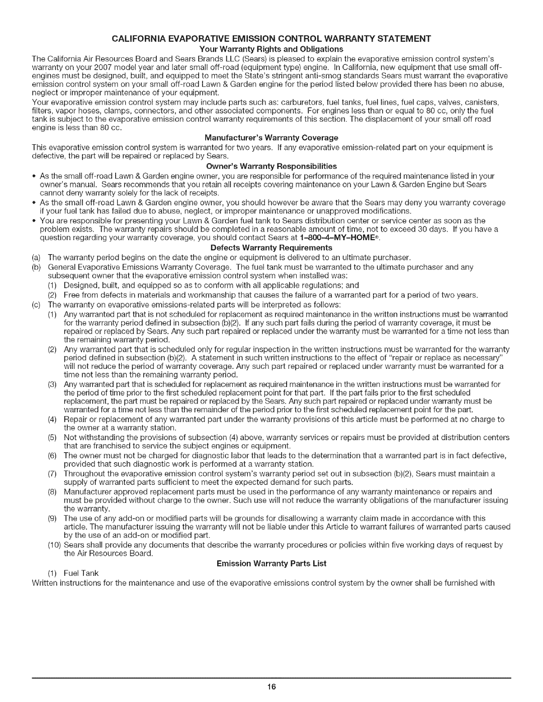 Craftsman 316.79197 manual California Evaporative Emission Control Warranty Statement, Your Warranty Rights and Obligations 