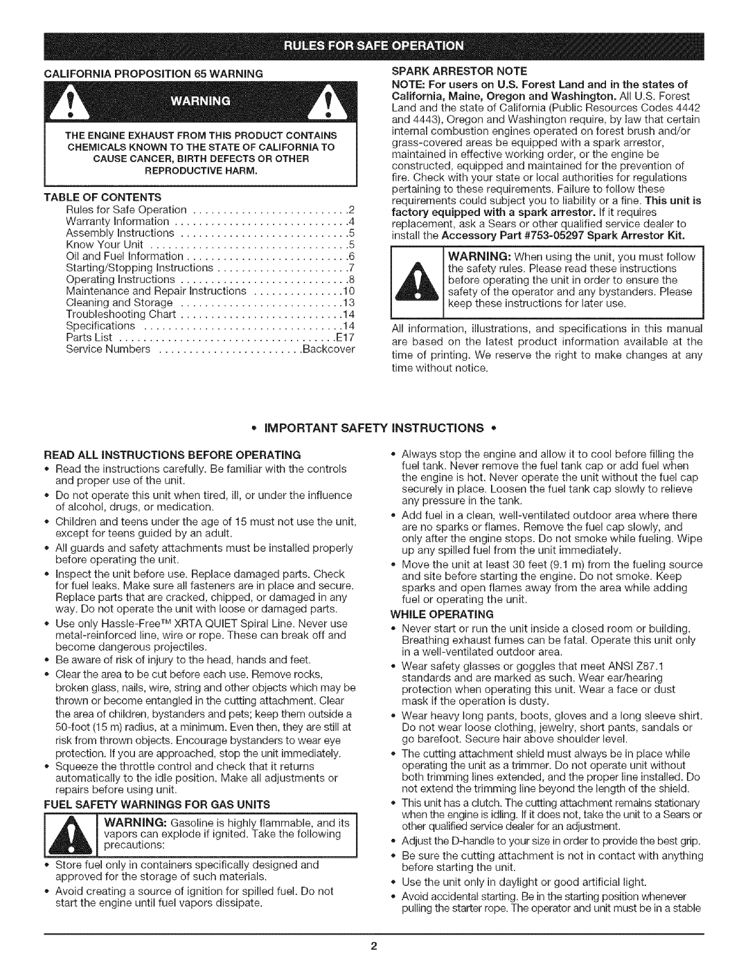 Craftsman 316.79197 manual California Proposition 65 Warning, Table of Contents, Spark Arrestor Note, While Operating 