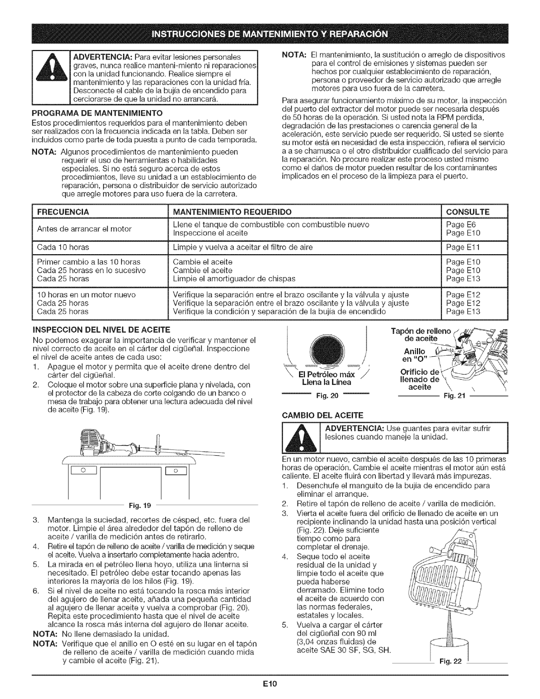 Craftsman 316.79197 manual Inspeccion DEL Nivel DE Aceite, Llena la Lfnea Ilenado Aceite, Cambio DEL Aceite, El0 