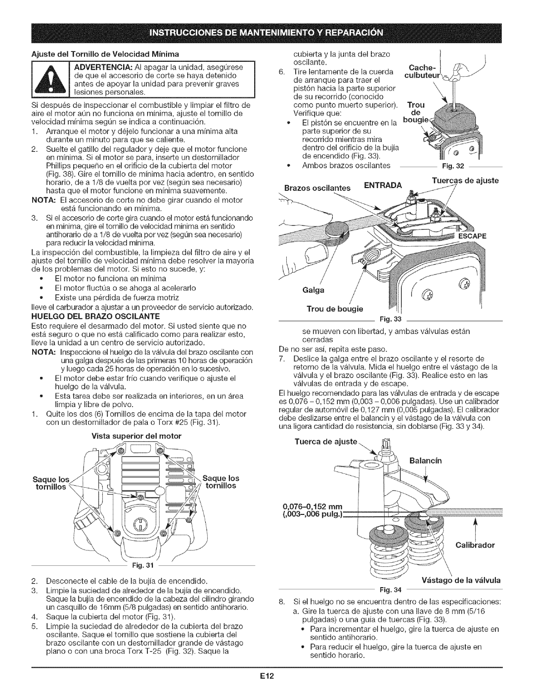 Craftsman 316.79197 manual Brazos oscilantes, Entrada, Huelgo DEL Brazo Osoilante, E12 