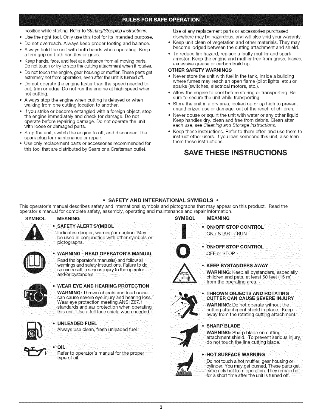 Craftsman 316.79197 manual Safety and International Symbols, Unladed, On/Off, Away 