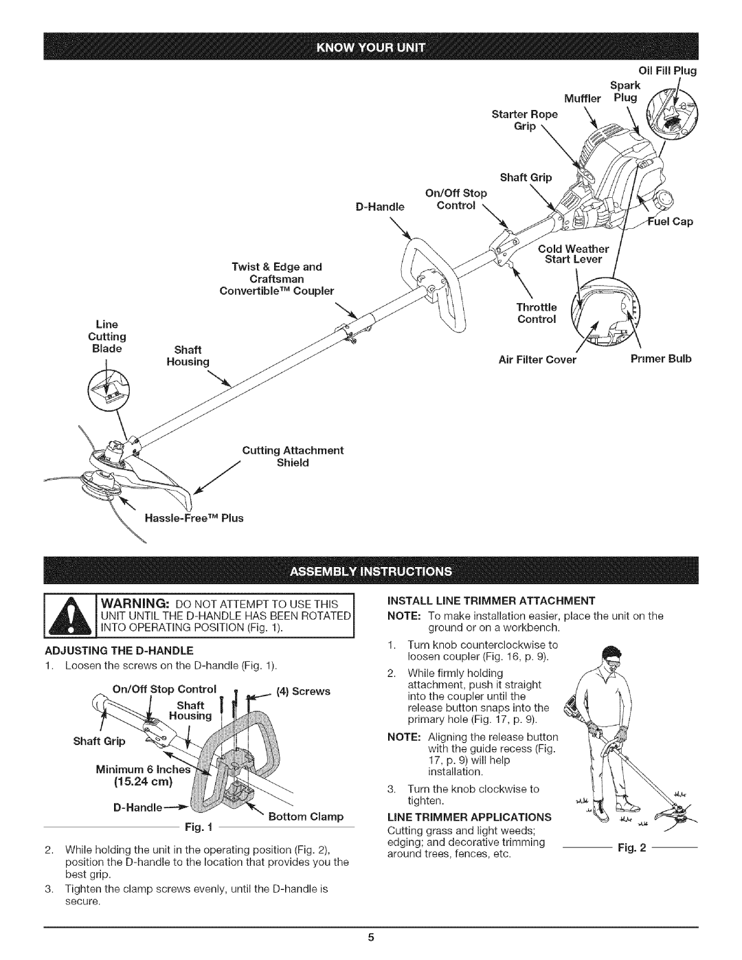 Craftsman 316.79197 manual OilFillPlug, Adjusting the D-HANDLE, Line Trimmer Applications 