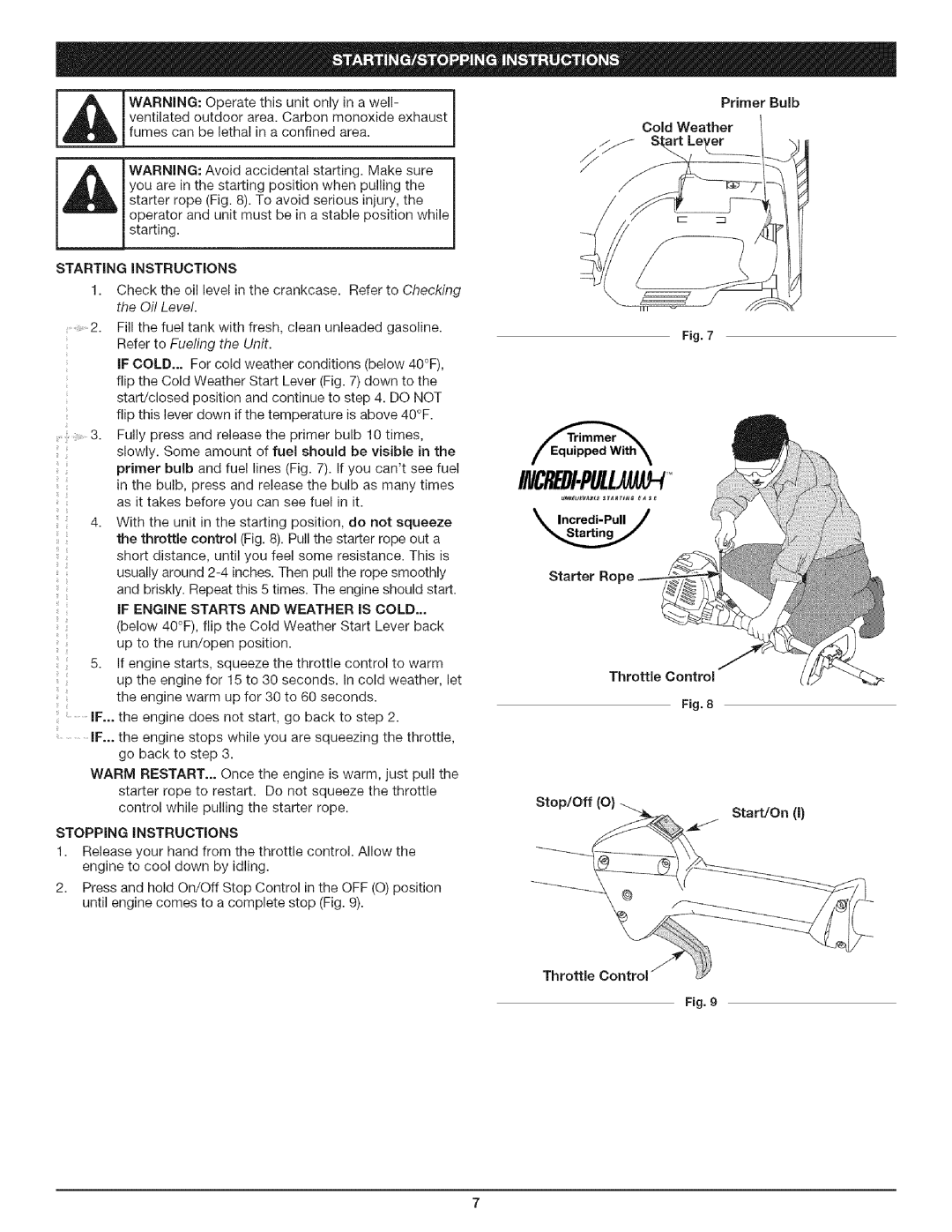 Craftsman 316.79197 manual VentilatedoutdoorareaCarbonmonoxideexhaust, PrimerBulb, Stopping iNSTRUCTiONS, Incredi-Pull 