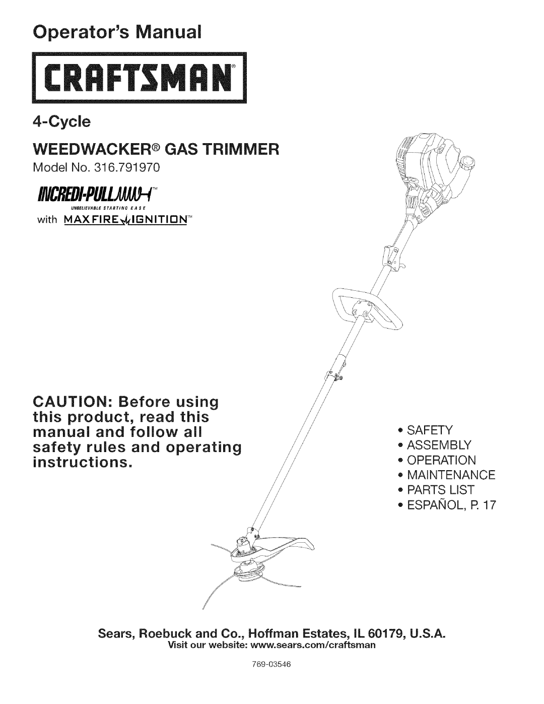 Craftsman 316.79197 manual Incredi.Pulltm, Operators Manual, CycJe, safety rules and operating, instructions, Model No 