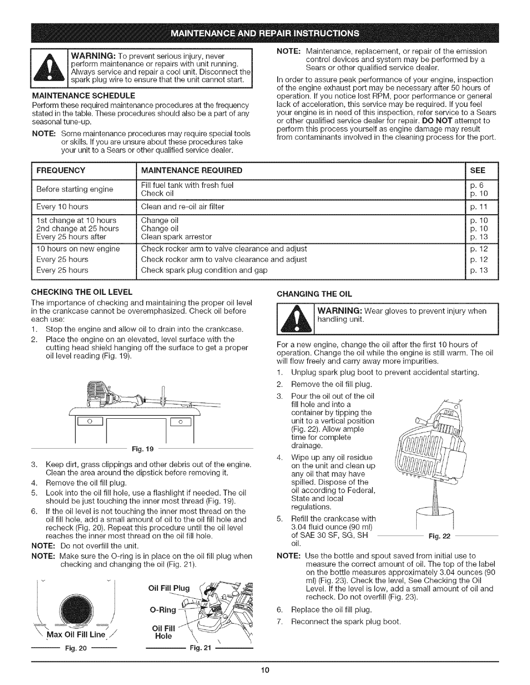 Craftsman 316.79197 manual MaxOilFi,Li,,J/ Hole, Maintenance Schedule, CHECKING THE OiL LEVEL 