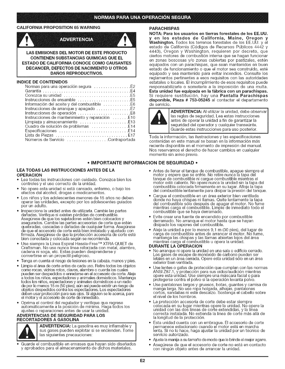Craftsman 316.79197 • Importante Informacion De Seguridad, Las Emisiones Del Motor De Este Producto, Indice De Contenidos 