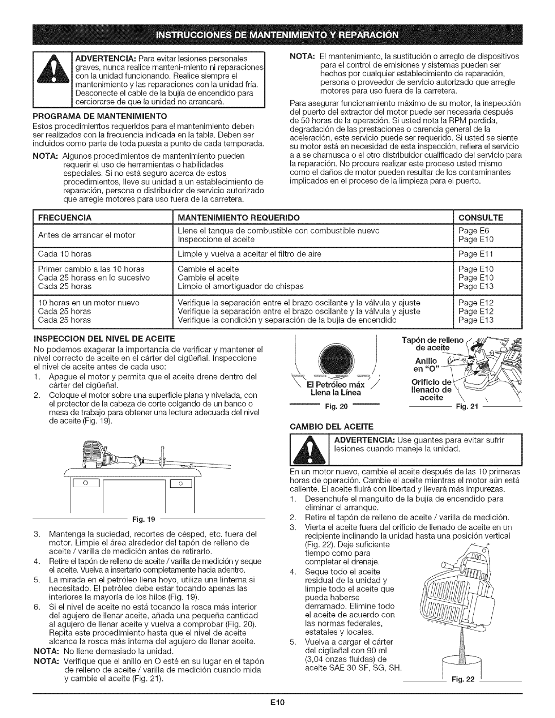 Craftsman 316.79197 manual Inspeccion Del Nivel De Aceite 