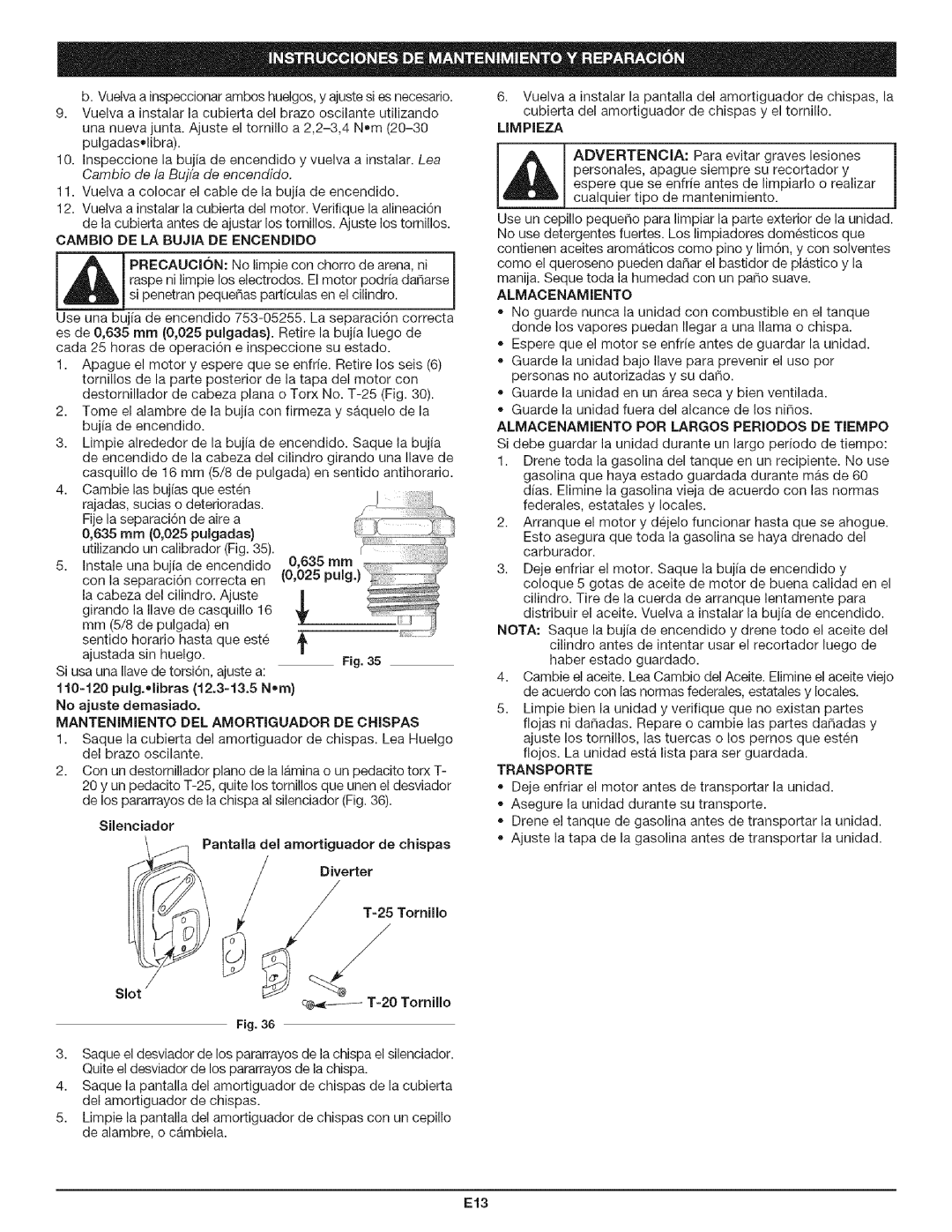 Craftsman 316.79197 manual Cambio De La Bujia De Encendido, Diverter, T=20 Tornillo, Limpieza 