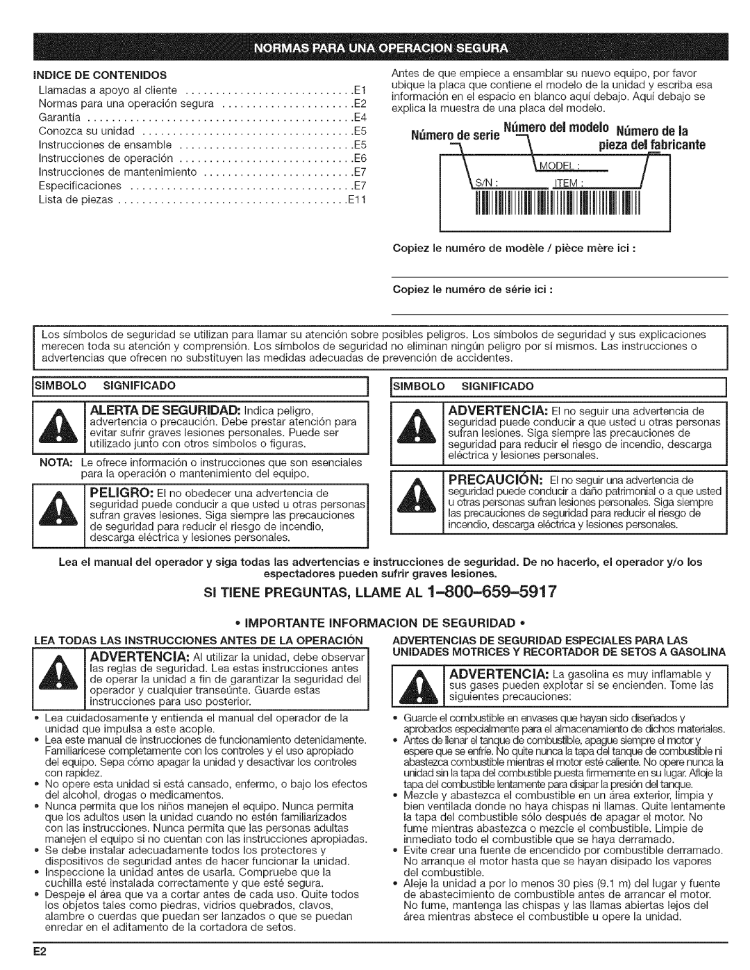 Craftsman 316.792490 manual Advertenoia, Importante Informacion DE Seguridad, Indice DE Contenidos, Simbolo Significado 