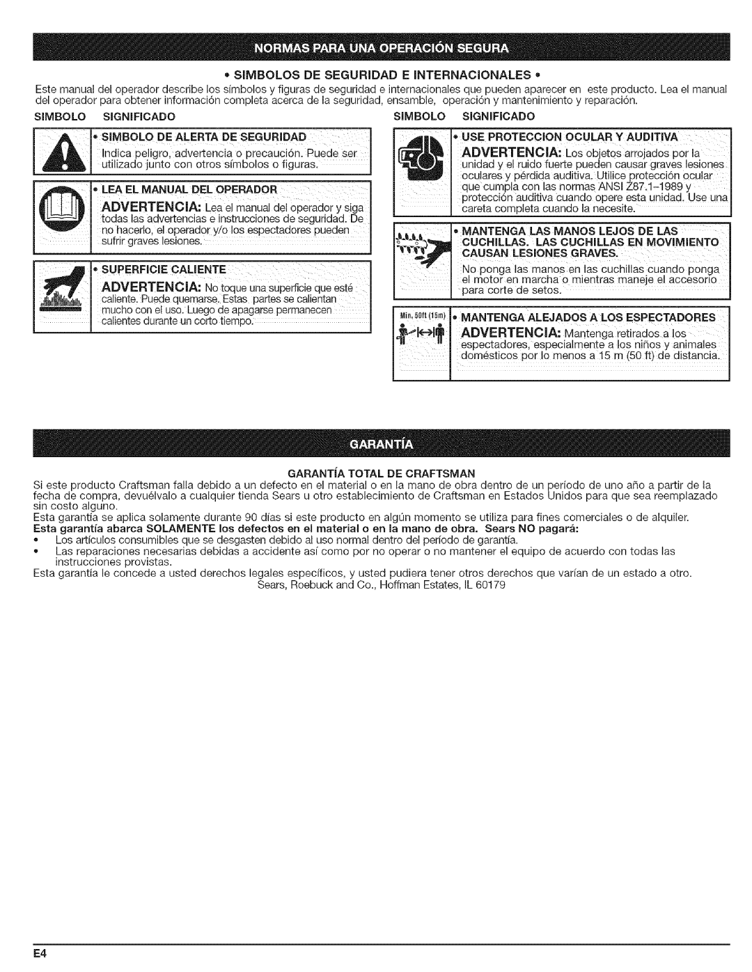 Craftsman 316.792490 manual Simbolos DE Seguridad E Internacionales, Simbolo Significado USE Proteccion Ocular Y Audntiva 