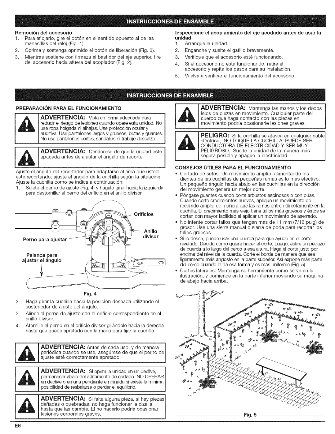 Craftsman 316.792490 manual Preparacion Para EL Funcionamiento, Orificios Anillo, Palanca para ajustar el ngulo 