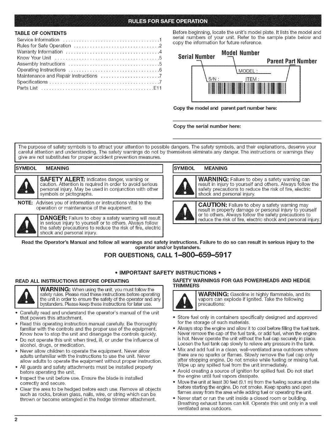 Craftsman 316.792490 manual Anger, Safety Instructions, Safety Warnings for GAS Powerheads and Hedge 