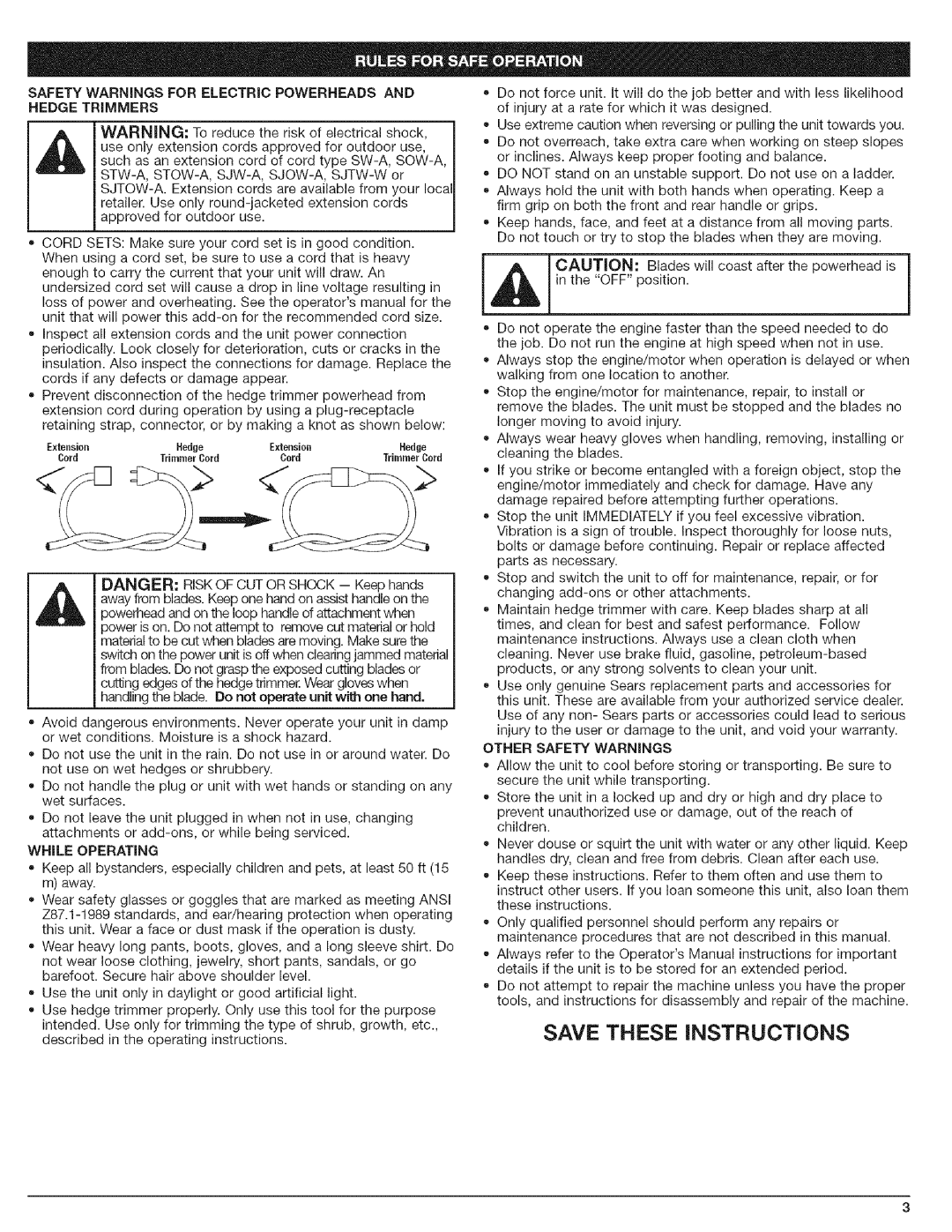 Craftsman 316.792490 manual Aution=, Safety Warnings for Electric Powerheads and Hedge Trimmers, While Operating 