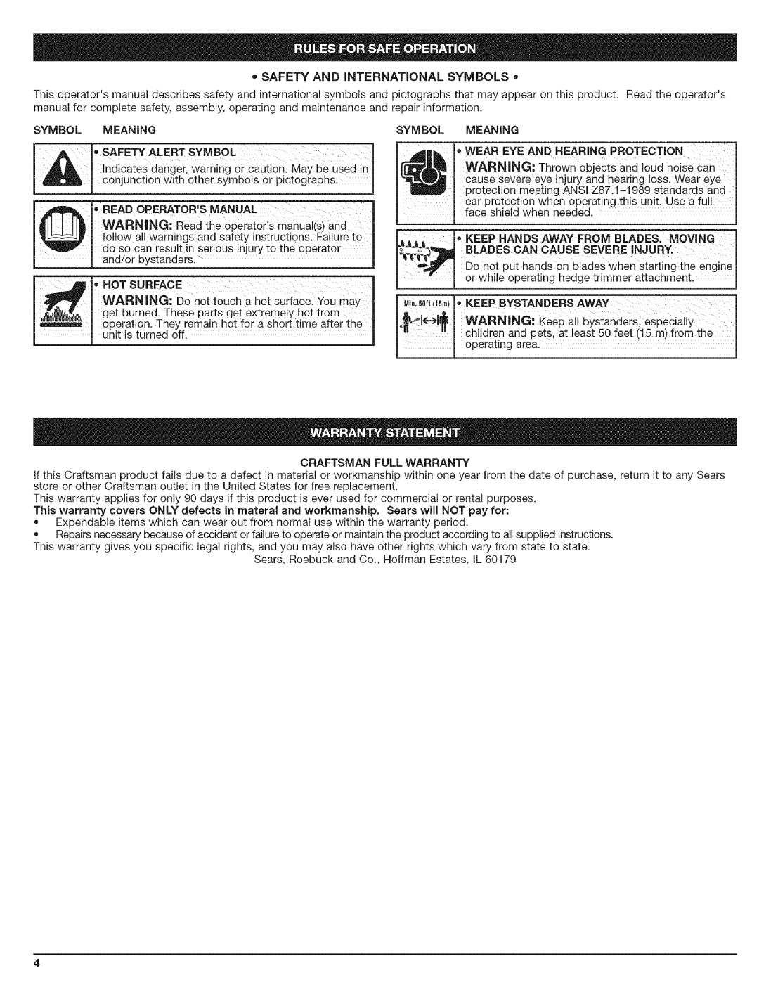 Craftsman 316.792490 manual Meaning Safety Alert Symbol, Wear EYE and Hearin G Protection, OMiftor Keep Bystanders Away 