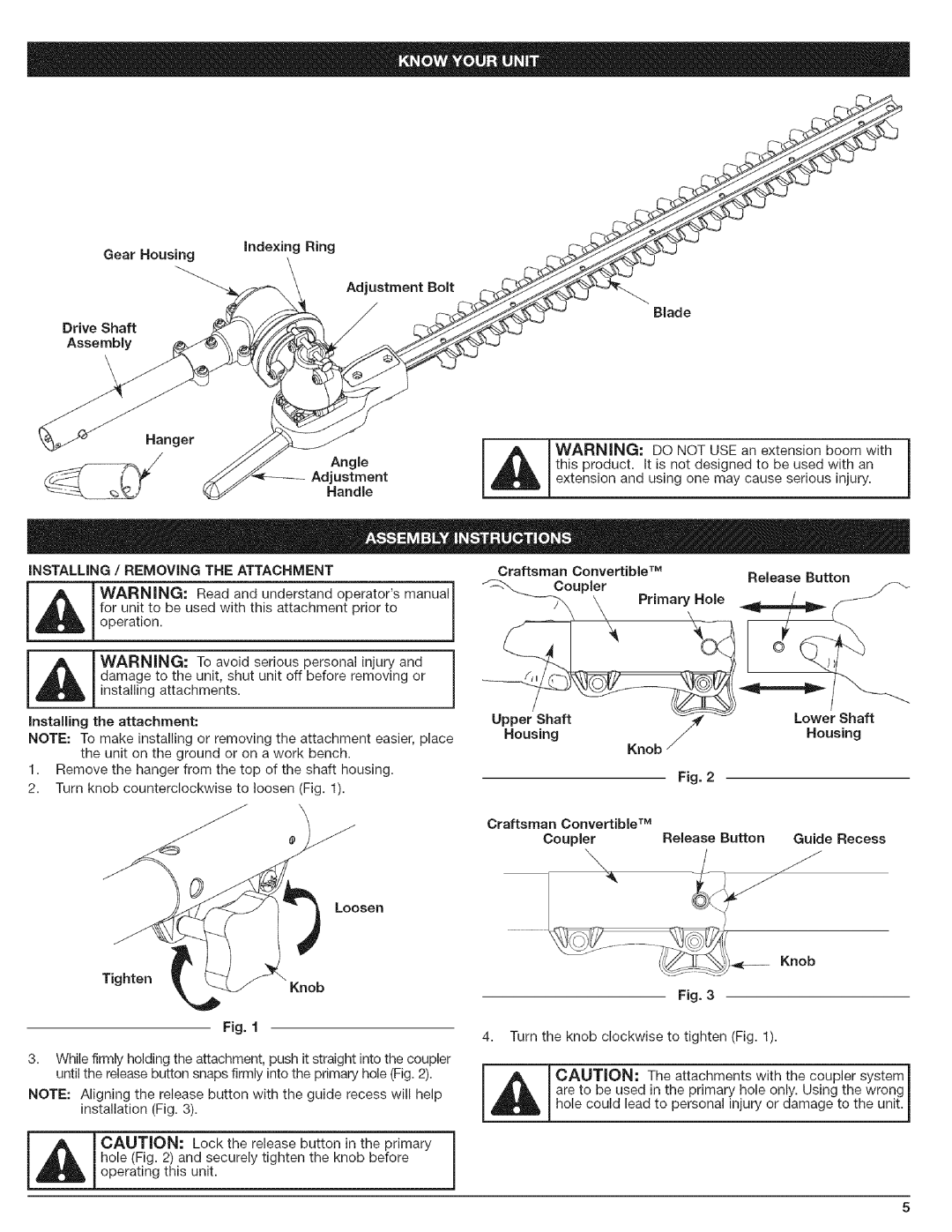 Craftsman 316.792490 Adjustment Bolt, Hanger Adjustment, Handle INSTALLiNG / Removing the Attachment, Tighten, Lower Shaft 