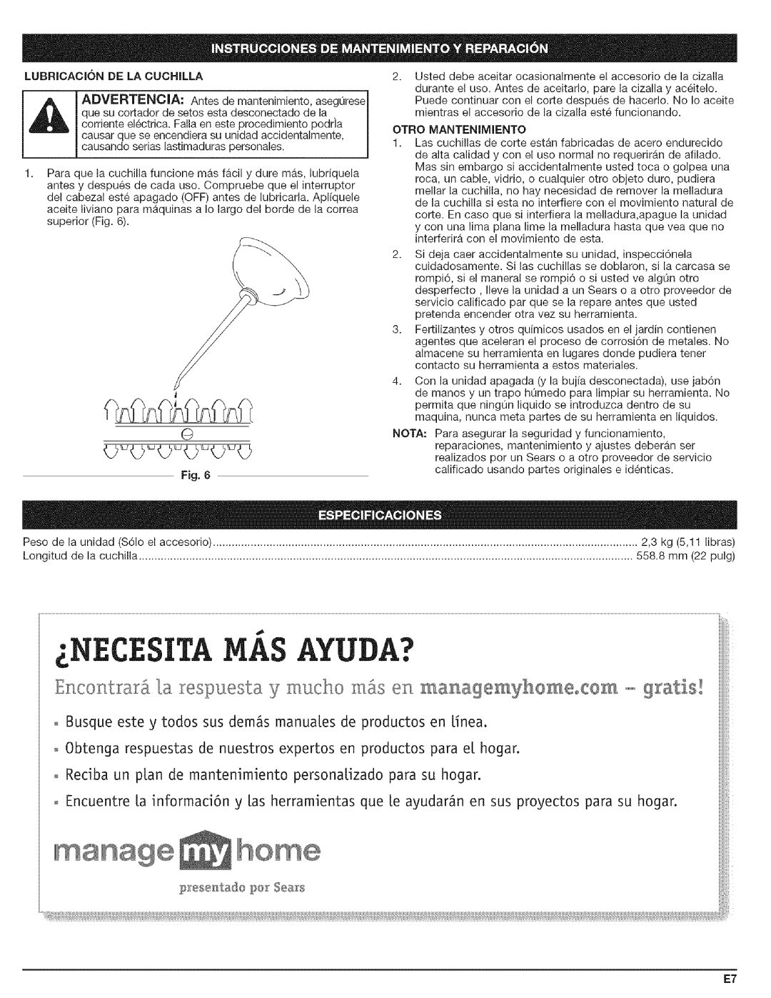 Craftsman 316.792490 manual Necesita Ayuda?, Lubricacion De La Cuchilla, Otro Mantenimiento 