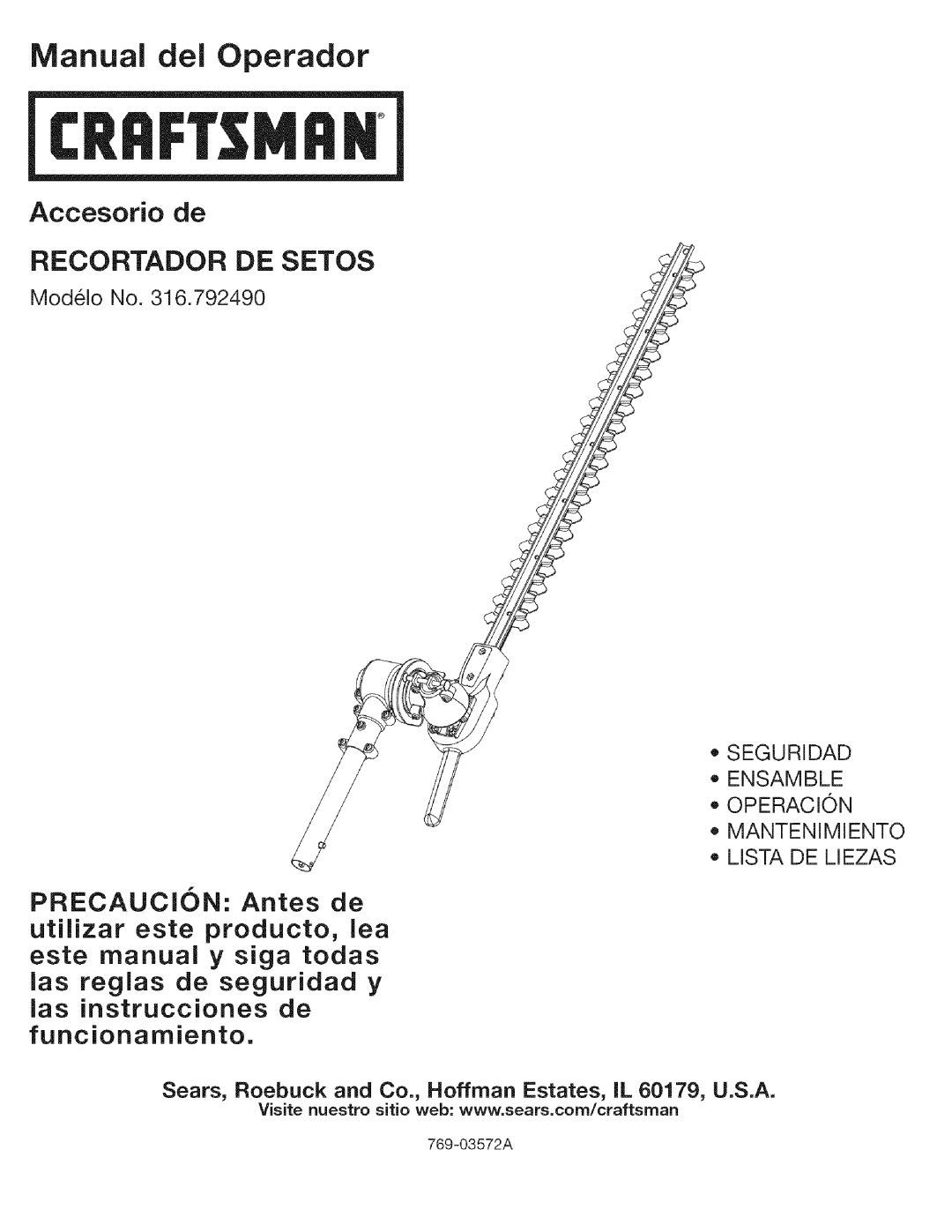 Craftsman 316.792490 Rill, Manual dei Operador, Accesorio de RECORTADOR DE SETOS, las reglas de seguridad y, 769-03572A 