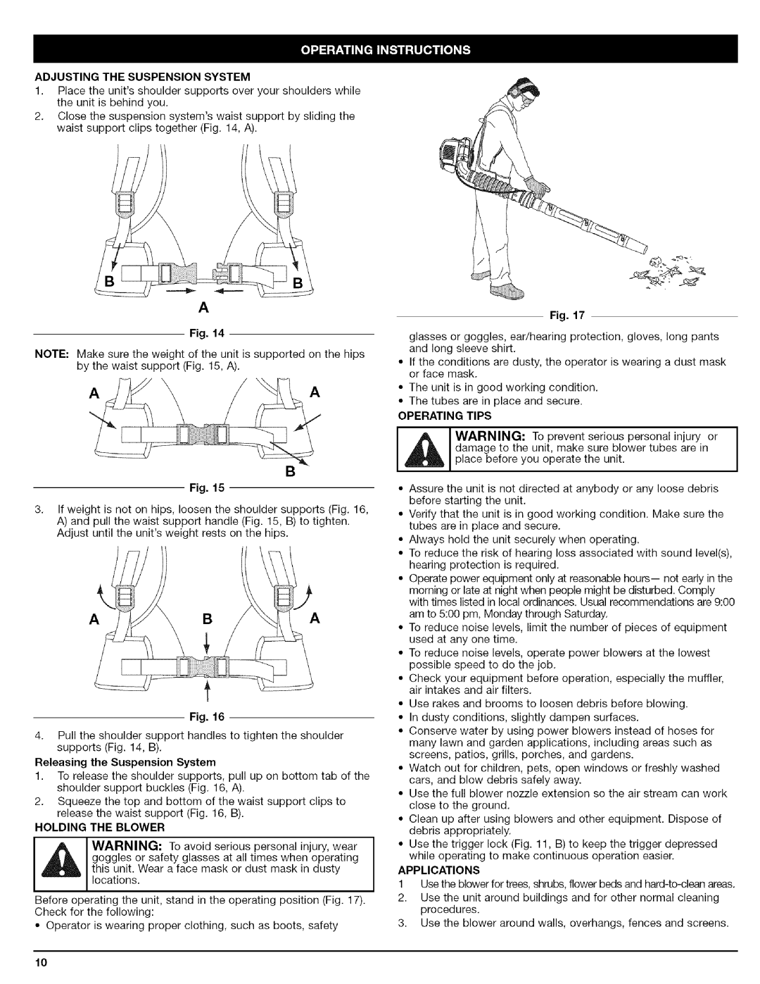 Craftsman 316.79479 Adjustingthesuspensionsystem, Releasing the Suspension System, Holding the Blower, Operating Tips 